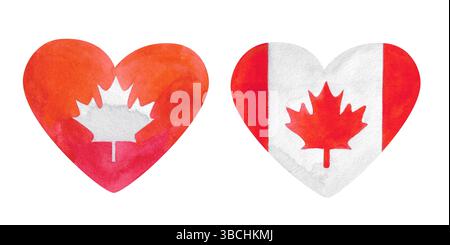 Festliche Kollektion mit Elementen des Canada Day. Herzen mit kanadischen Flaggen, Ahornblättern, Bändern und festlichen Girlanden in Rot und weiß. Handbemalt Stockfoto
