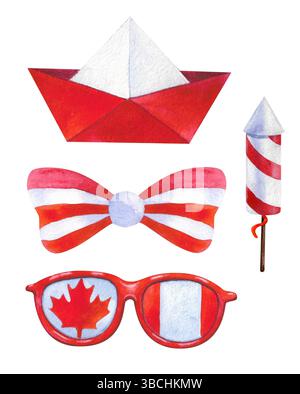 Festliche Kollektion mit Elementen des Canada Day. Herzen mit kanadischen Flaggen, Ahornblättern, Bändern und festlichen Girlanden in Rot und weiß. Handbemalt Stockfoto