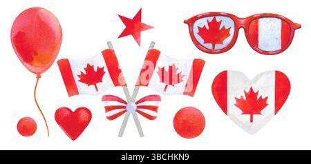 Festliche Kollektion mit Elementen des Canada Day. Herzen mit kanadischen Flaggen, Ahornblättern, Bändern und festlichen Girlanden in Rot und weiß. Handbemalt Stockfoto