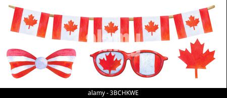 Festliche Kollektion mit Elementen des Canada Day. Herzen mit kanadischen Flaggen, Ahornblättern, Bändern und festlichen Girlanden in Rot und weiß. Handbemalt Stockfoto