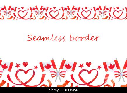 Festliche Kollektion mit Elementen des Canada Day. Herzen mit kanadischen Flaggen, Ahornblättern, Bändern und festlichen Girlanden in Rot und weiß. Handbemalt Stockfoto