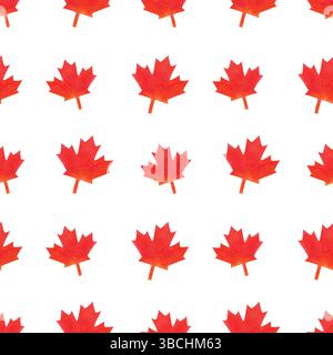 Nahtloses Muster der Feiertagselemente des Canada Day. Fahnen, Ahornblätter, Bänder und festliche Girlanden in Rot und weiß. Handgemalte Aquarelle Stockfoto