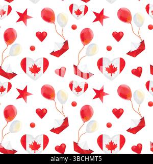 Nahtloses Muster der Feiertagselemente des Canada Day. Fahnen, Ahornblätter, Bänder und festliche Girlanden in Rot und weiß. Handgemalte Aquarelle Stockfoto
