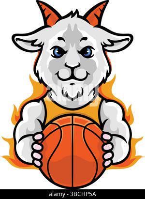 Das Maskottchen der jungen weißen Ziege hält einen Basketball Stock Vektor