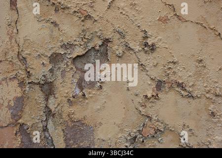 Das Foto zeigt eine Hauswand mit abgesplittertem Gips Stockfoto