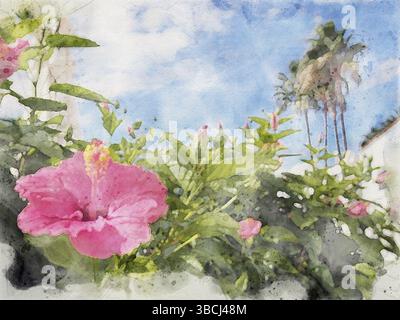 Aquarellmalerei einer tropischen Urlaubsszene mit einer hellrosa Hibiskusblume vor weißen, verschwommenen Gebäuden und Palmen davor Stockfoto