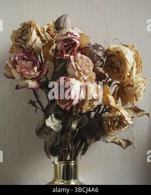 Strauß getrockneter Rosen in goldener Vase Stockfoto