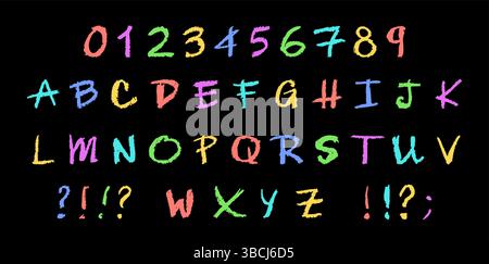 Englisches Alphabet und Zahlen 0-9, handgezeichnet mit farbenfrohen Wachsmalstift oder Holzkohle an Bord. Textmarker-Effekt, perfekt zum Zeichnen im Kindergarten Stock Vektor