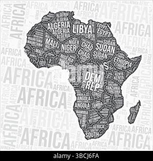 Afrika Länder Karte Wort Wolke. Namen der Region Afrika. Schwarz-weiß-Kartendesign. Erstaunliche Vektorillustration. Stock Vektor