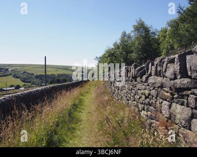 Die schmale Landstraße führt einen Hügel hinunter in der malerischen Landschaft von West yorkshire in der Nähe von colden Village in calderdale im Westen yorkshires Stockfoto