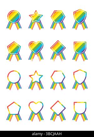 Rainbow Ribbon Award Medaillen, Pride Celebration Icon Set, Anerkennungsabzeichen Und Farbenfrohe Etikettendesigns Stock Vektor