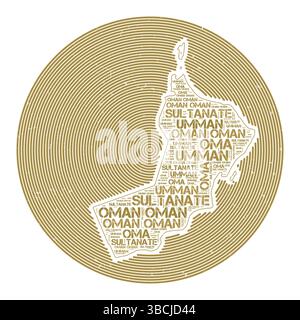 Oman Vektorbild. Country Round-Logo-Design. Oman-Poster in Kreisbögen und Wordcloud-Stil. Authentische Vektorillustration. Stock Vektor