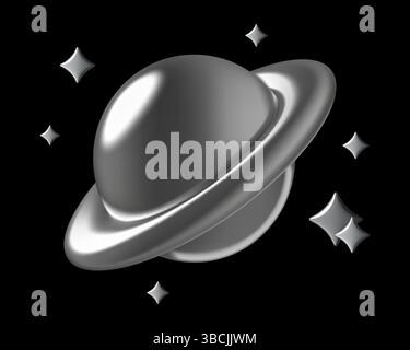 Verchromter Planet 3D-Aufkleber im y2k-Stil mit im Weltraum und mit Sternen Stock Vektor