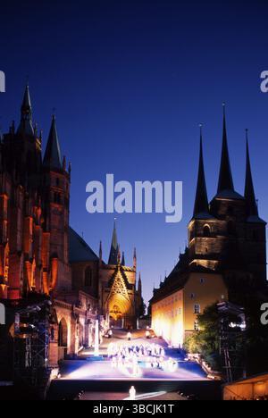 Kathedrale St. Marien und St. Severin bei Nacht, Erfurt, Thüringen, Dom St. Marien und St. Severin bei Nacht, Erfurt, Thüringen, Keim Stockfoto