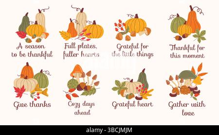 Stillleben im Herbst in flachem Stil mit Kürbissen, Blättern, Pilzen und Beeren. Warme saisonale Palette mit kurzen Thanksgiving-Zitaten, perfekt Stock Vektor