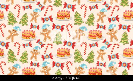 Farbenfrohes, nahtloses Muster im flachen Stil mit süßen Weihnachtselementen – Kuchen, Lebkuchen, Süßigkeiten und Zuckerstangen. Ideal für saisonale Designs, festliche cr Stock Vektor