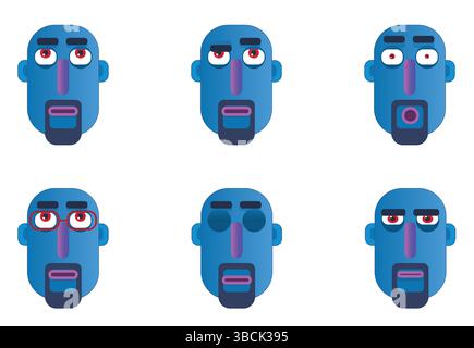 Vektorausdrücke für blaue männliche Gesichtsmaske isoliert auf weißem Hintergrund festgelegt Stock Vektor