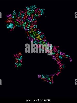 Word Cloud In Italien. Regionale Namen des Landes in italienischer Sprache. Helles Neondesign auf dunklem Hintergrund. Stock Vektor