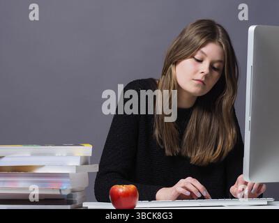 Junge schöne Frau in einem Büro an einem Computer arbeiten Stockfoto