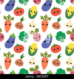 Süßes, nahtloses Muster für Gemüse. Lächelnde Gemüse mit Kawaii-Gesichtern. Stock Vektor