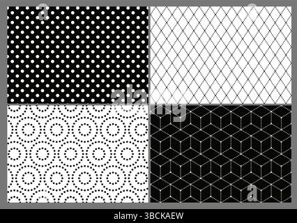 Set von geometrischen nahtlosen Mustern. Klassische Ornamente mit Punktmuster, Kreuzrauten, Kreisen und gestrichelten Würfeln. Designelemente für den Druck Stock Vektor
