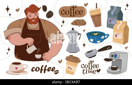 Set mit Kaffeeaufklebern. Niedliche Cafés mit Barista, Cappuccino-Tasse, arabica-Bohnen, Eiskaffee und Wasserkocher. Designelemente für den Druck. Flach Stock Vektor