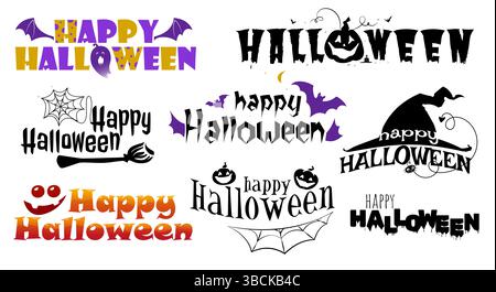 Happy Halloween Textset. Stilvolle Aufkleber mit Schriftzug und gruseligen Deko-Elementen. Inschriften mit Spinne, Kürbis und gruseligen Fledermäusen. Flach Stock Vektor