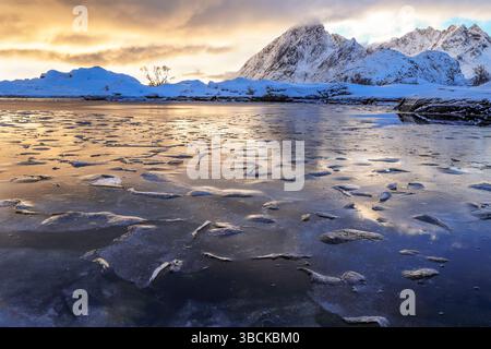 Gefrorener See mit dünnen gebrochenen Eisschollen an der Oberfläche bei Hinterleuchtung zum goldenen Sonnenuntergang in Lofoten, Norwegen Stockfoto