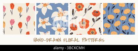 Nahtloses Blumenmuster mit verschiedenen Blüten. Stock Vektor