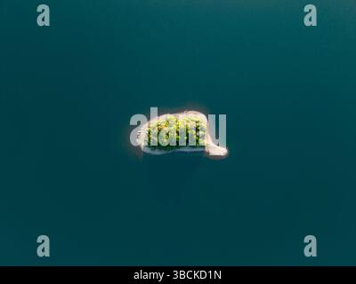 Blick aus der Vogelperspektive direkt über einer kleinen tropischen Insel, umgeben von ruhigem Wasser, bedeckt mit Bäumen und in Form einer Gedankenblase. Travel Dream Co Stockfoto