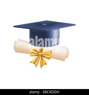 3d-Diplom-Schriftrolle mit Absolventenhut. Vintage-Papierrolle Stock Vektor