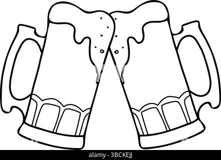 Zwei getoastete Bierbecher mit Schaum. Klirrende Gläser machen Cheers. Symbol des Oktoberfestes und des St. Patricks Day. Handgezeichnet Schwarzweiß Stock Vektor