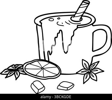 Tasse heiße Schokolade mit Schokoladentafeln und getrockneter Orangenscheibe, Anissterne Komposition isoliert auf einem Hintergrund. Handgezeichnete Vektordarstellung in Stock Vektor