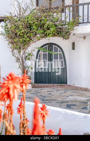 Wunderschöne traditionelle Holztür in einem weiß getünchten mediterranen Gebäude. Charmanter Eingang, rustikale Architektur, Torbogen, traditionelles Design, Geschichte Stockfoto