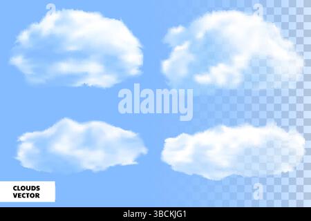 Realistisches flauschiges Vektorset für Kumuluswolken. Isoliert auf transparentem Hintergrund. Wetter, Natur und Landschaftsgestaltung. Sommerhimmel im Hintergrund Stock Vektor