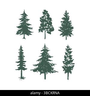 Satz von Illustrationen im Vektorbaum in Grün. Bäume Silhouetten. Waldsilhouetten. Bäume Linie Kunst. Skizzenstil Stock Vektor