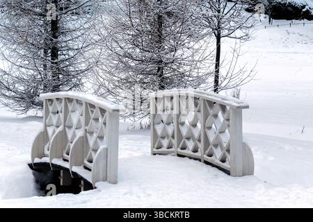 Winterlandschaft. Eine kleine weiße Holzbrücke überspannt eine kleine, schneebedeckte Schlucht. Stockfoto