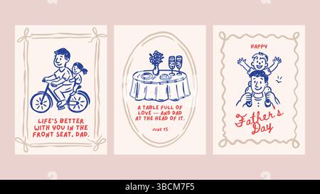 „Happy Vathers Day Dad Greeting Doodle“-Kartenset Mit Vintage-Sketch. Urlaub Vector Kreide Poster Fahrradfahrt, Esstisch und Schulterumarmung von Son Daughter Family Stock Vektor