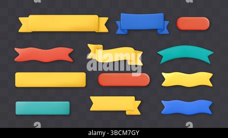 3D-Farbband Banner Textfeld Kunststoff Titel Streifen Abzeichen Kurve Label Vektor Design Set Tag Frame Flag Taste Stock Vektor