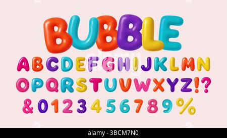 3D Schriftart Buchstaben Zahl Ballon Alphabet ABC Text Bubble Typografie für Geburtstag und Party Vektor Cartoon Spaß Pop Glossy Schriftart Stock Vektor