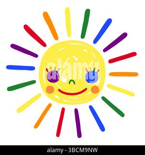 Regenbogenfarben niedliche Vektor-Doodle-Sonnenzeichnung für lgbt-Stolz-Monat, Sommerreisen und Kinder-Designs Stock Vektor