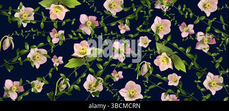 Zarte rosafarbene Blumen und grüne Weinstöcke, die in einem nahtlosen Muster auf einem dunklen marineblauen Hintergrund angeordnet sind, hergestellt aus echten Blumenfotos. Langes Banner Stockfoto