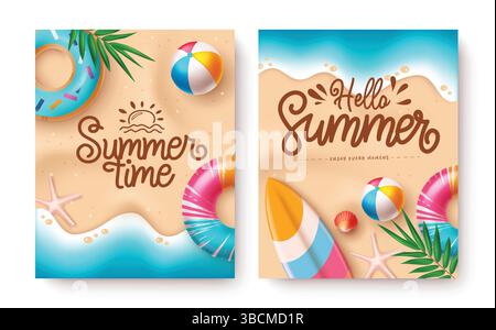 Sommerzeit und Hallo Sommergrüßungstext mit Strandvektorelementen am Sandstrand, Sommerposter-Design. Vektorabbildung. Stock Vektor