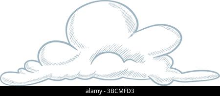 Vektorillustration der flauschigen Wolke in pastellblauer Farbe. Lineare Zeichnung des Himmelselements für Wettersymbole, Kinderzimmer-Dekor oder Babyduschen-Einladungen. Die Gravur des Nebels für kindliche Grußkarten. Stock Vektor