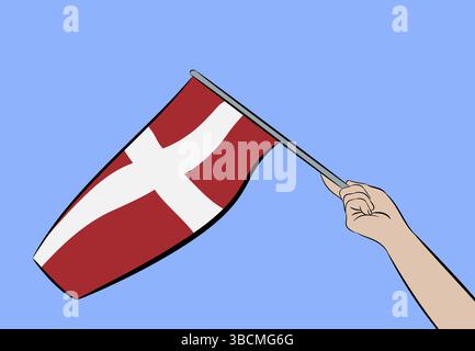 Weibliche Hand winkte der Flagge Dänemarks auf einem blauen Himmel, Vektor, Abbildung Stockfoto