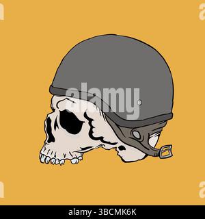 Hand gezeichneter Biker-Schädel auf einem Vintage-gelben Hintergrund, Vektor-Illustration Stockfoto