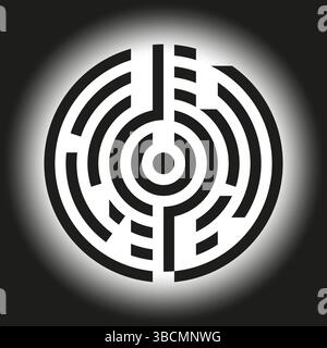 Kreisförmiger Labyrinth-Vektor. Abstrakte Puzzleform. Zentraler radialer Eingang. Schwarzes Umrisssymbol. Stock Vektor
