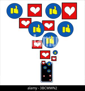 Daumen hoch Symbole. Herzähnliche Symbole. Smartphone-Benachrichtigungsszene. Vektor-soziale Medien. Stock Vektor