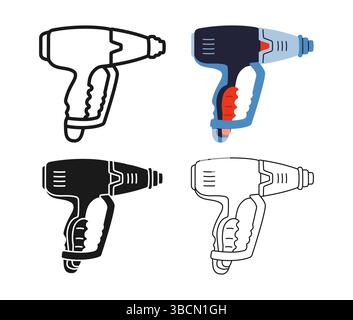 Symbolsatz elektrischer Haartrockner für den Bau. Modernes Reparaturwerkzeug Heißpistole für Bauherren, Hausrenovierung. Leistungsstarkes Haarfön Werkzeugbau Zeichen professionelle stilisierte Karikaturvektor Illustration Stock Vektor