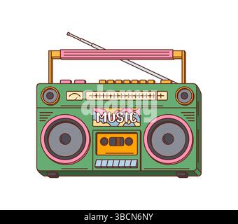 Cartoon-groovige y2k-Retro-Boombox. Vector funky Stereo mit Lautsprechern, Kassettendeck, Tasten und Antenne, verströmt nostalgische Musik-Vibes, lustige Energie und Vintage-Charme für Disco, Party oder Hip Hop Stock Vektor